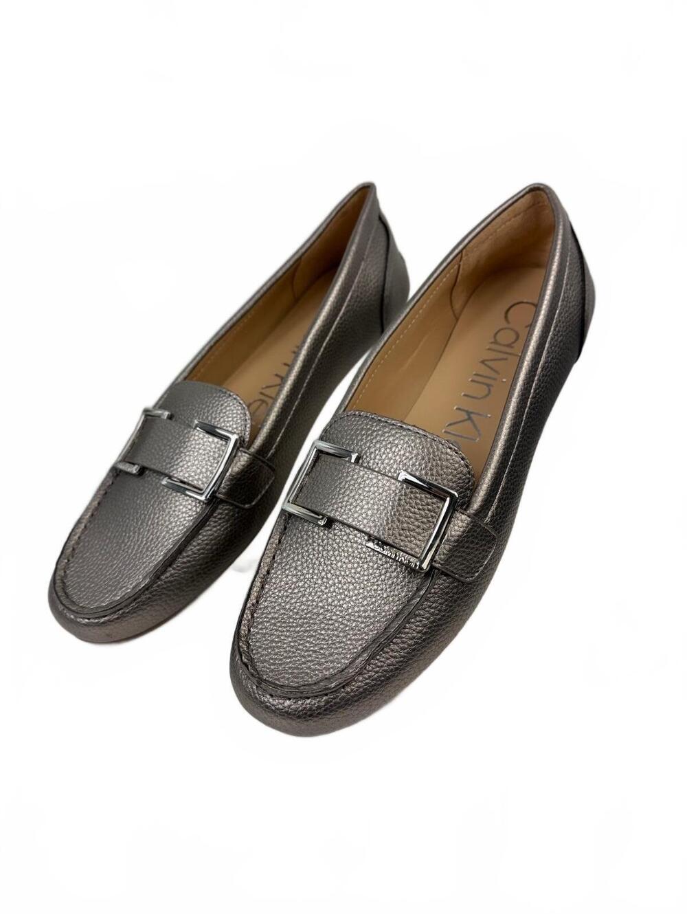 New Calvin Klein Metallic Silver Leather Loafers Size 8 Medium